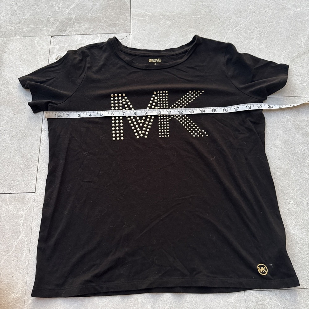 Michael Kors Black Gold Studded T Shirt MK Logo Crew Neck Sz M Short Sleeve Tee - Picture 2 of 5
